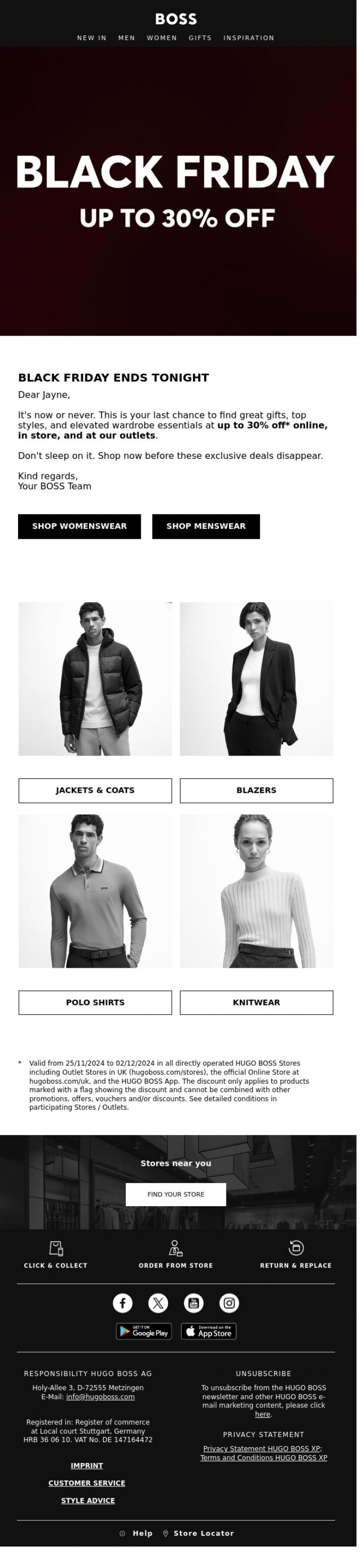 Email Design Inspiration from BOSS News, Last day | Black Friday