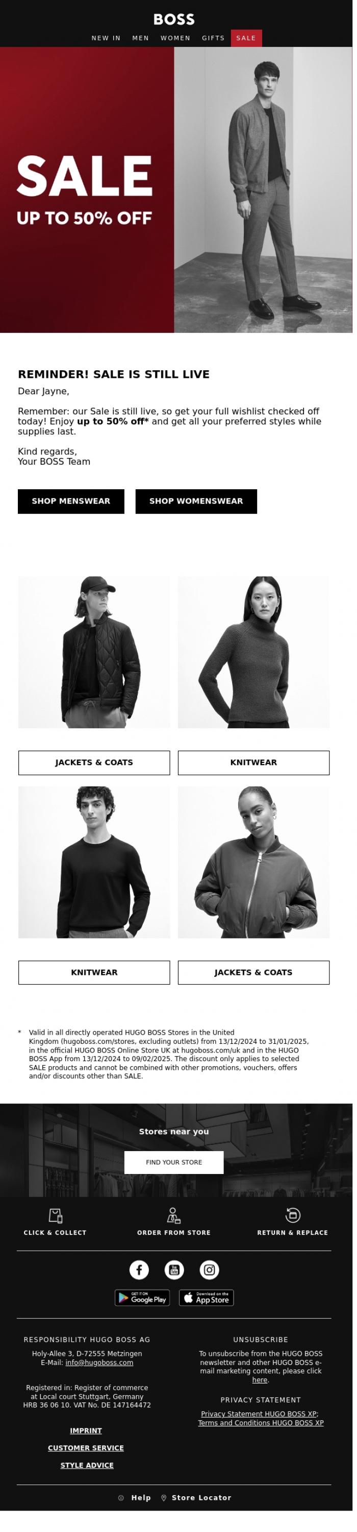 Email Design Inspiration from BOSS News, Reminder: up to 50% off - our Sale is still LIVE!
