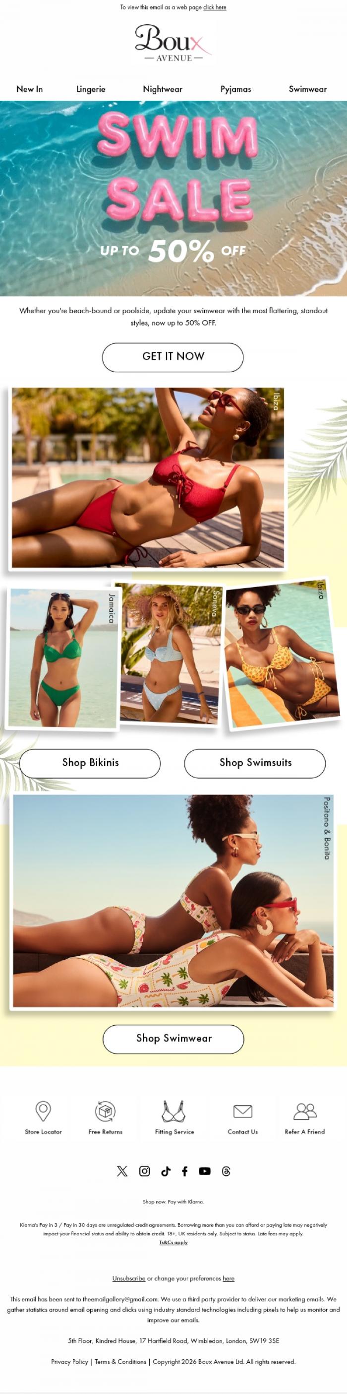 Email Design Inspiration from Boux Avenue, Up to 50% OFF swimwear: dive in! 💧