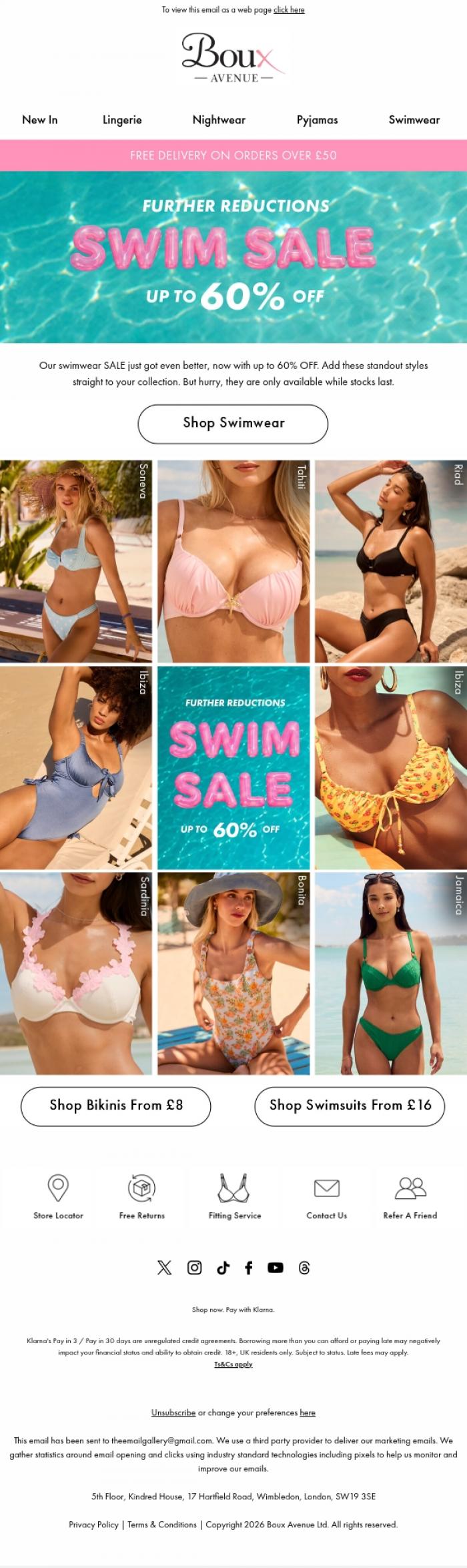 Email Design Inspiration from Boux Avenue, Up to 60% OFF our swimwear SALE is now on