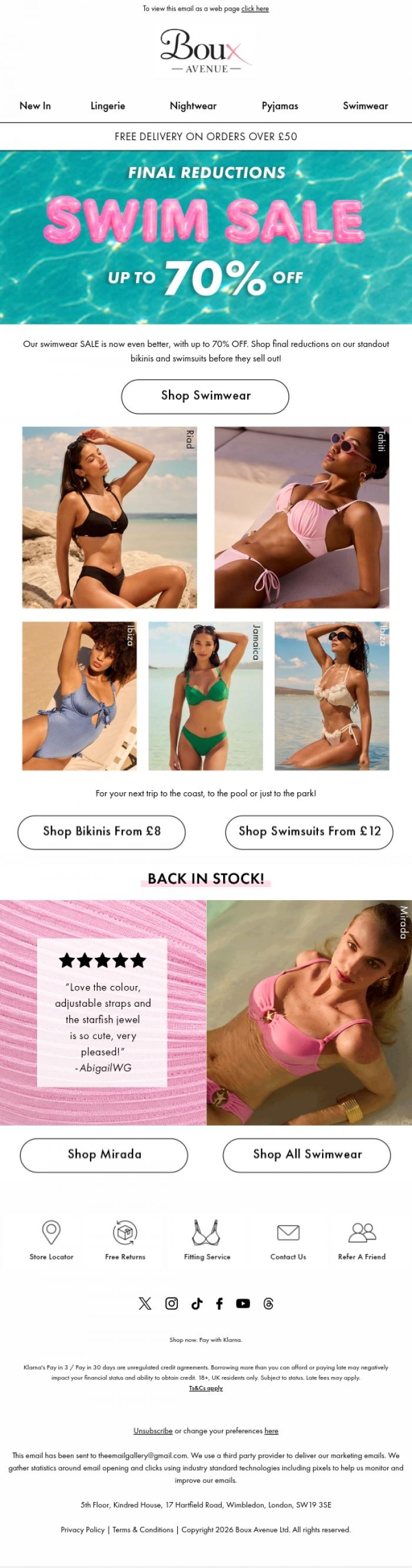 Email Design Inspiration from Boux Avenue, Our swimwear SALE just got bigger: now up to 70% OFF