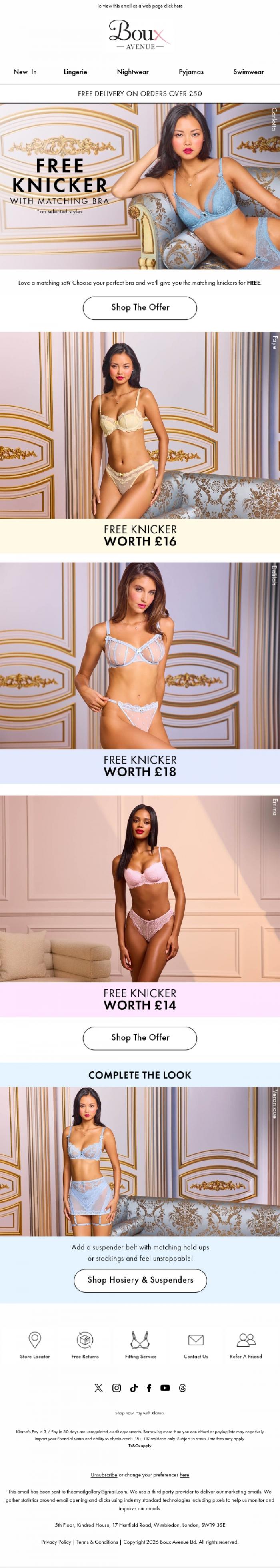 Email Design Inspiration from Boux Avenue, It's here: get a FREE knicker with the matching bra ✨