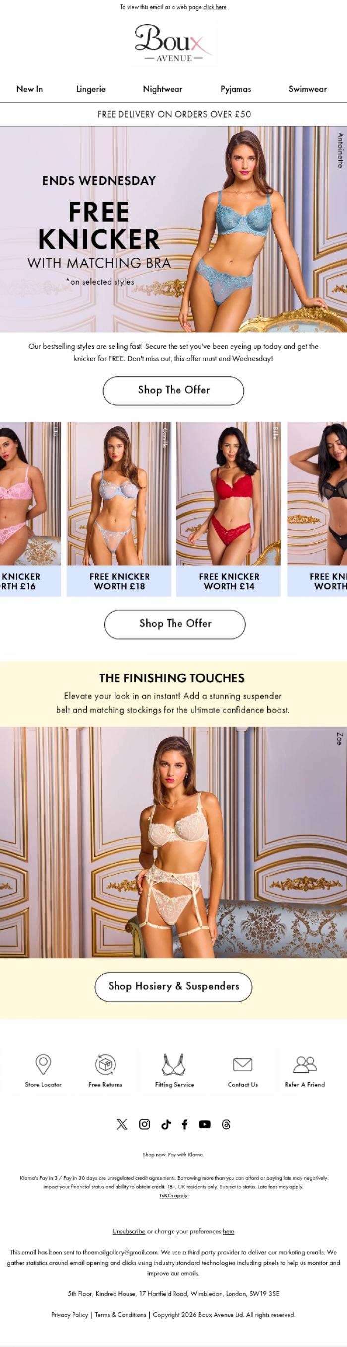 Email Design Inspiration from Boux Avenue, Quick! Get your FREE knicker before Wednesday