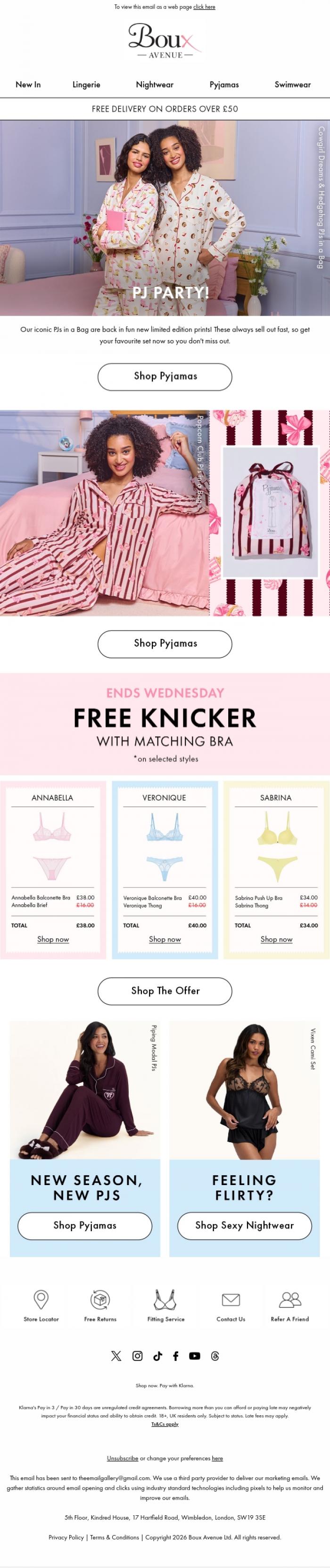 Email Design Inspiration from Boux Avenue, New limited edition PJs in a Bag prints just dropped!