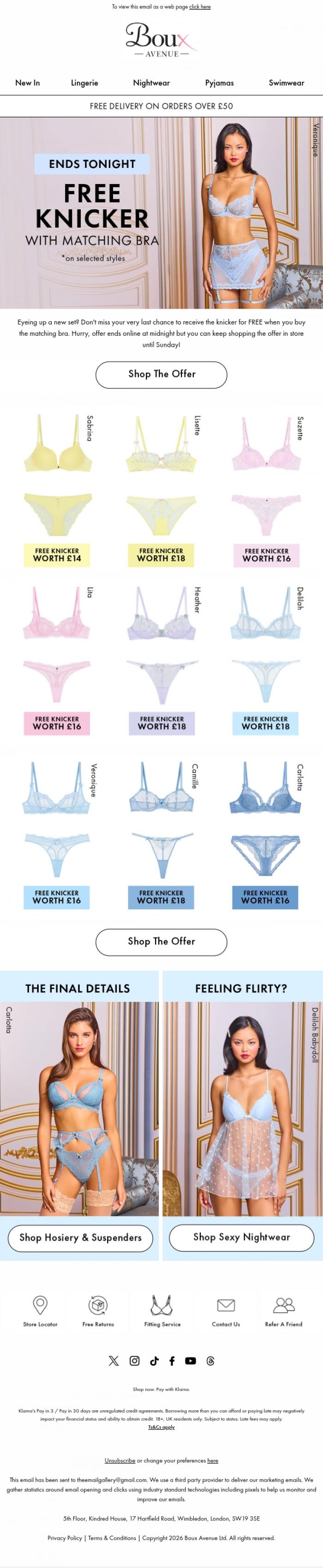 Email Design Inspiration from Boux Avenue, Ends tonight: don't leave your FREE knicker behind 🍑