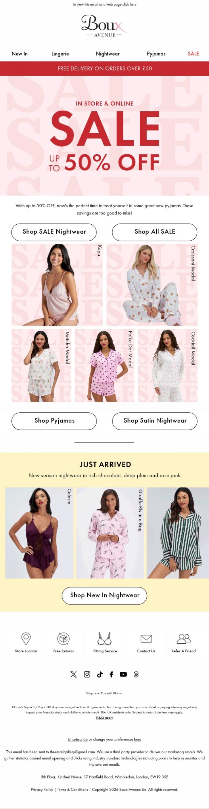 Email Design Inspiration from Boux Avenue, Enjoy up to 50% OFF your dreamiest nightwear