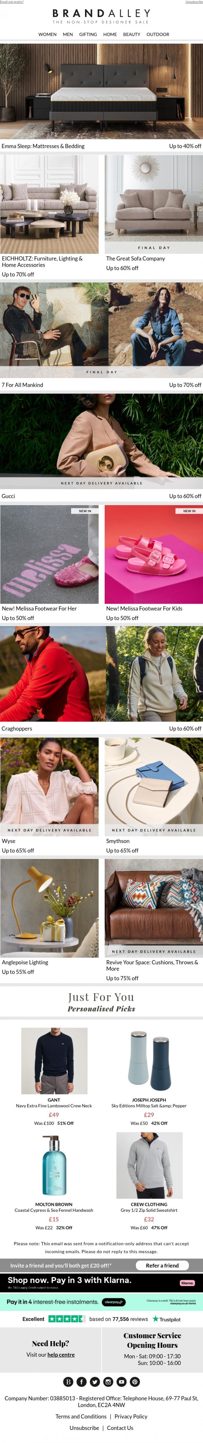 Email Design Inspiration from BRANDALLEY, Up to 75% off iconic brands | Shop 7 For All Mankind, Eichholtz, Melissa, The Great Sofa Company & more