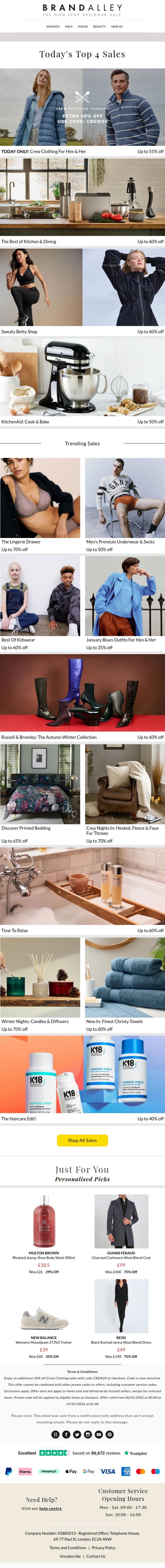 Email Design Inspiration from BRANDALLEY, Today Only: Extra 20% Off Crew Clothing | Plus up to 60% Off Kitchen & Dining, Sweaty Betty, & KitchenAid