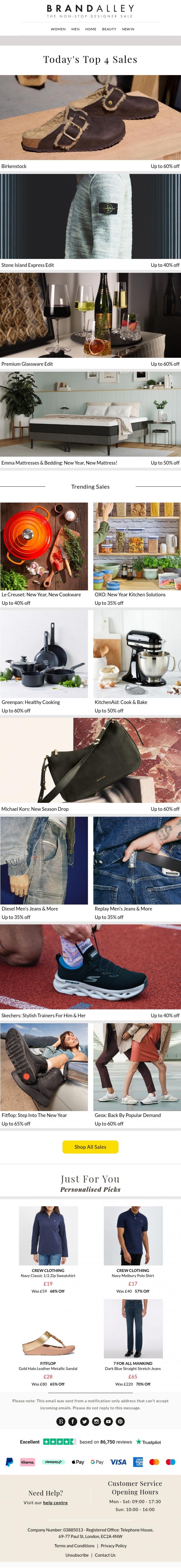 Email Design Inspiration from BRANDALLEY, Up to 60% Off Today's Best from Birkenstock, Stone Island, Premium Glassware Edit & Emma