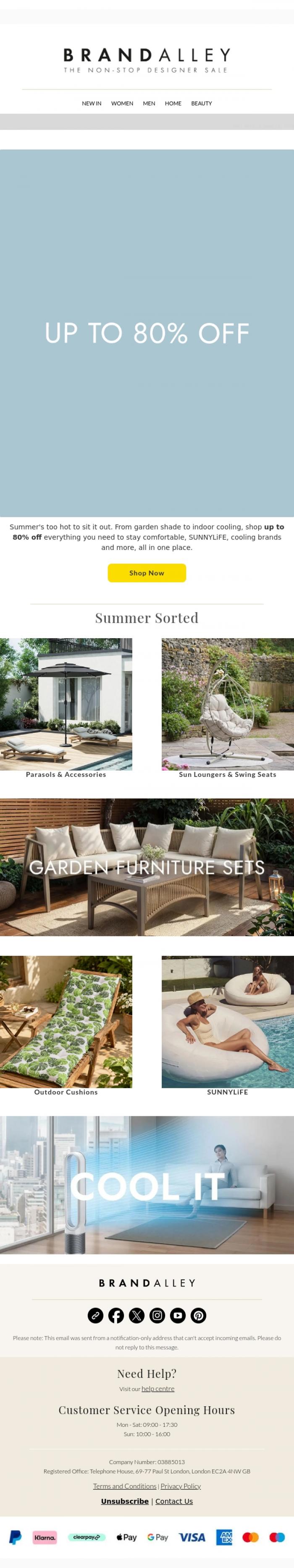 Email Design Inspiration from BrandAlley, Beat the Heat: up to 80% off garden essentials and SUNNYLiFE