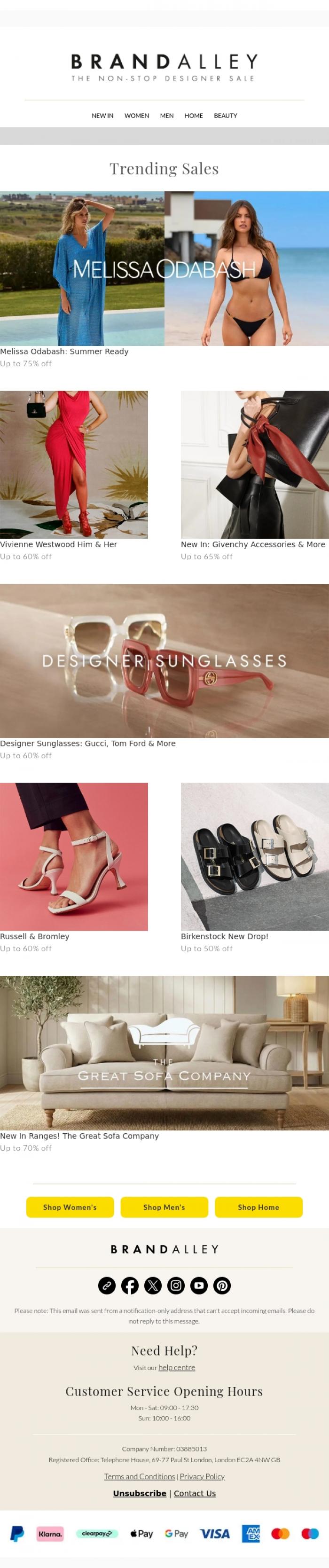 Email Design Inspiration from BrandAlley, Up to 75% off Melissa Odabash, Givenchy, Birkenstock and more