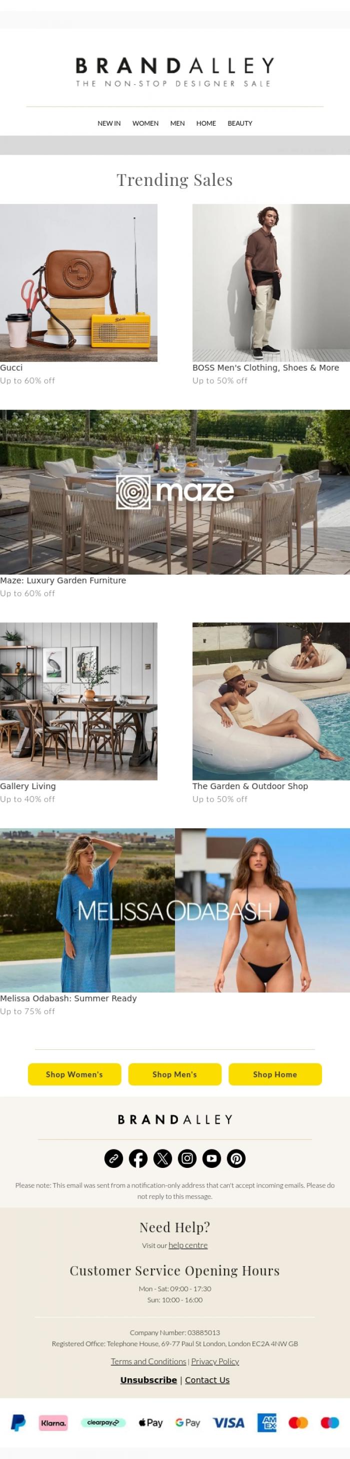 Email Design Inspiration from BrandAlley, Up to 75% off Gucci, Melissa Odabash, Gallery Living, BOSS & more