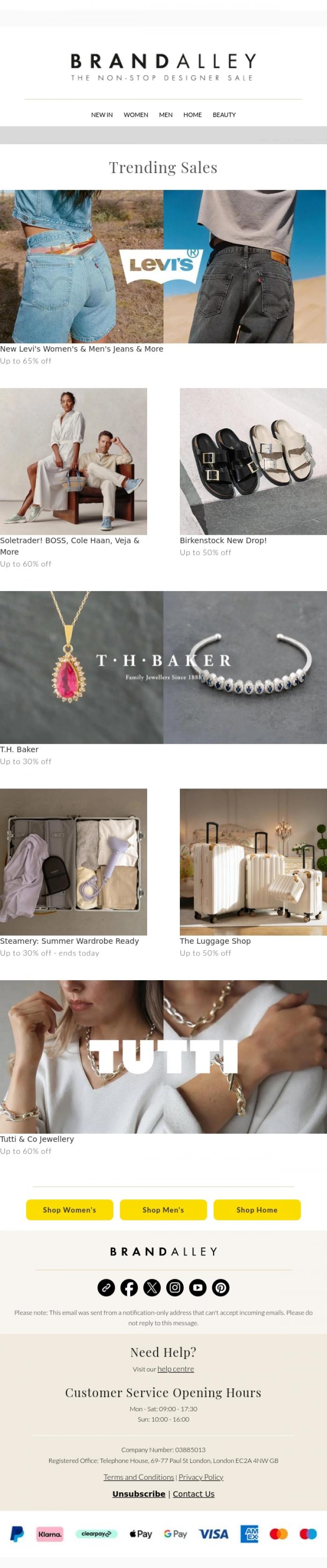 Email Design Inspiration from BrandAlley, Up to 65% off Levi's, Soletrader, Birkenstock, T.H. Baker and more