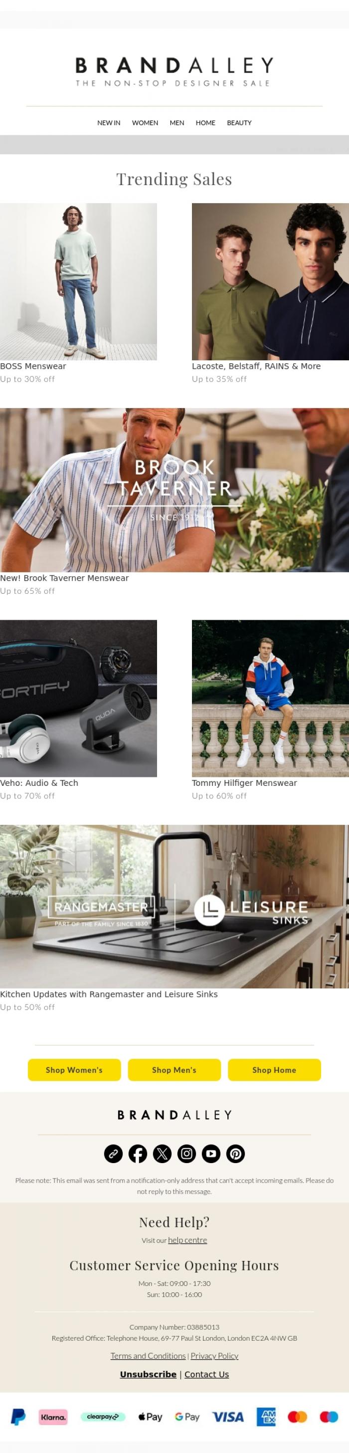 Email Design Inspiration from BrandAlley, Up to 70% off Veho, BOSS, Lacoste, RAINS, Rangemaster and more