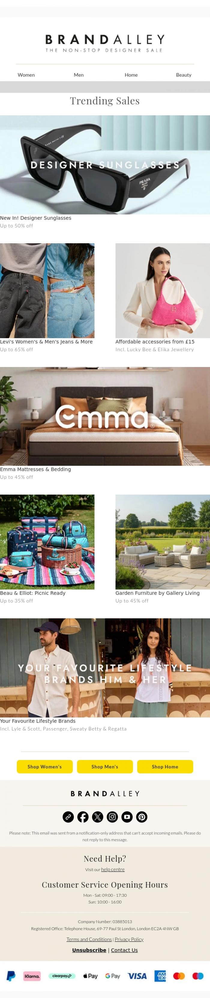 Email Design Inspiration from BrandAlley, Up to 65% off Levi's, Emma, Beau & Elliot, Gallery Living and more