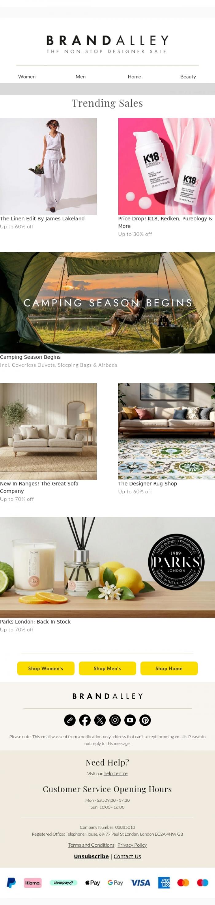 Email Design Inspiration from BrandAlley, Up to 70% off Parks London, James Lakeland, K18, Redken and more
