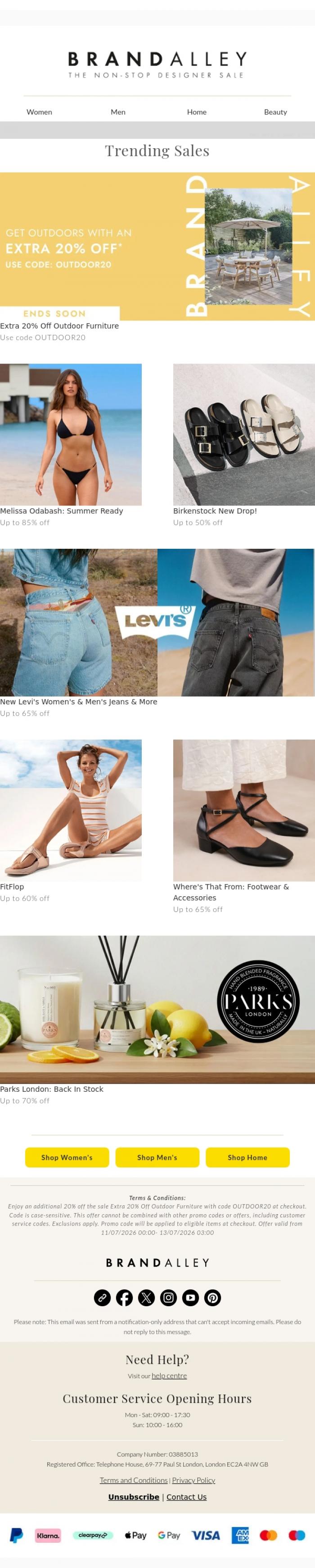 Email Design Inspiration from BrandAlley, Up to 85% off Melissa Odabash, Birkenstock, Levi's, FitFlop & more