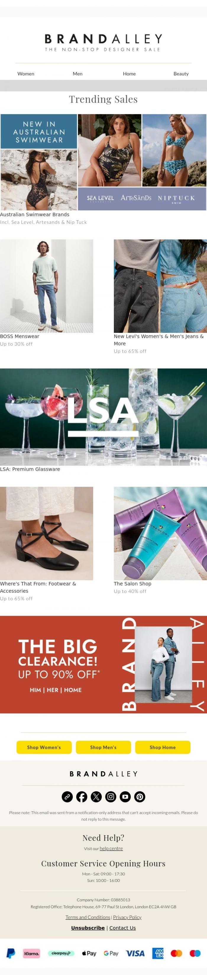 Email Design Inspiration from BrandAlley, Up to 65% off Australian Swimwear, BOSS, Levi's, LSA & more
