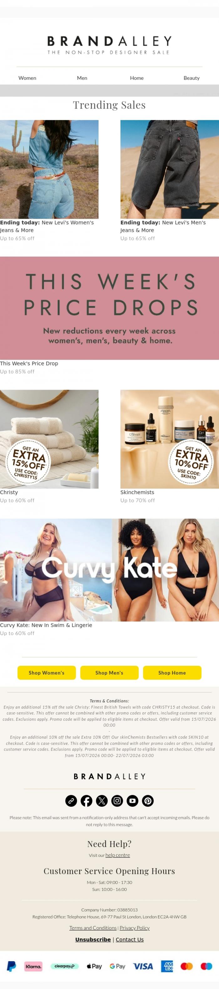 Email Design Inspiration from BrandAlley, Last chance Levi's | Up to 85% off This Week's Price Drops