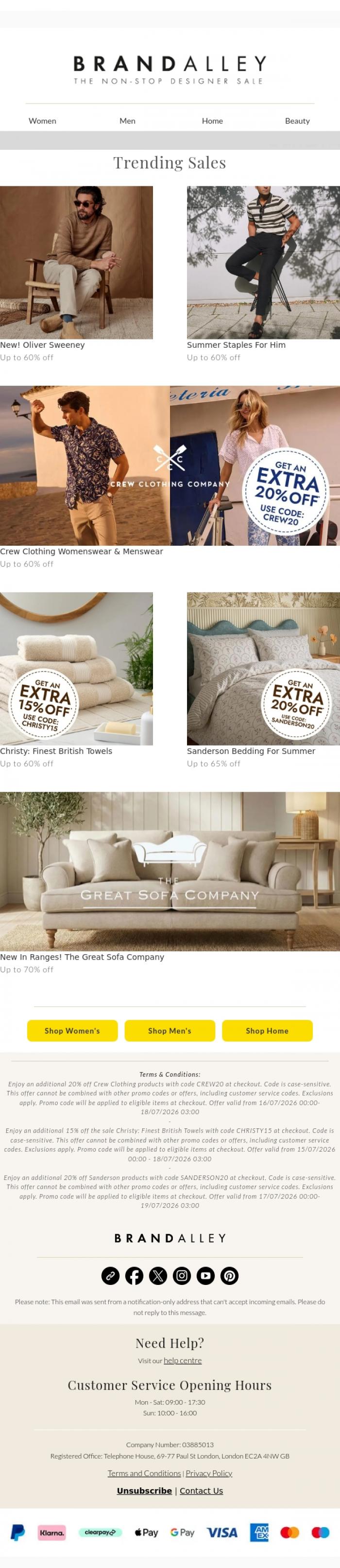 Email Design Inspiration from BrandAlley, Up to 70% off Oliver Sweeney, The Great Sofa Company & more