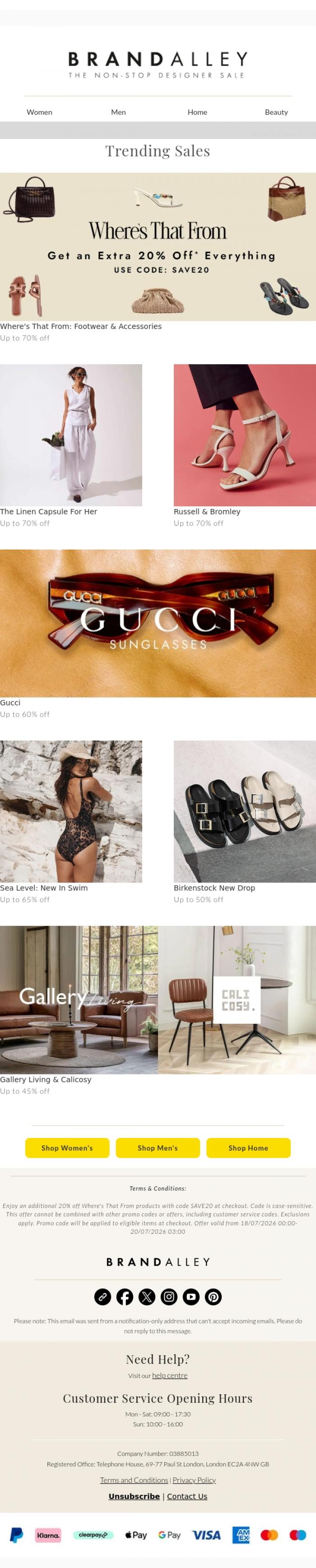 Email Design Inspiration from BrandAlley, Up to 70% off Where's That From + New In Sea Level Swimwear
