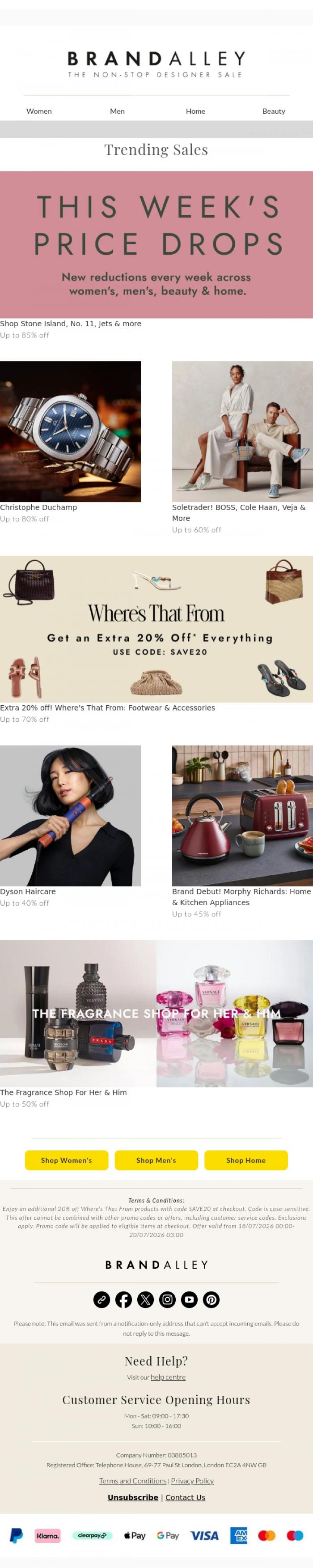 Email Design Inspiration from BrandAlley, Up to 85% off Brands incl. Dyson, BOSS, Cole Haan, Veja & more