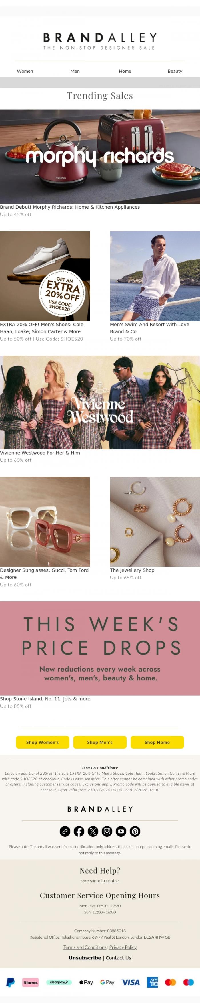 Email Design Inspiration from BrandAlley, Extra 20% off men's shoes | Use code SHOES20