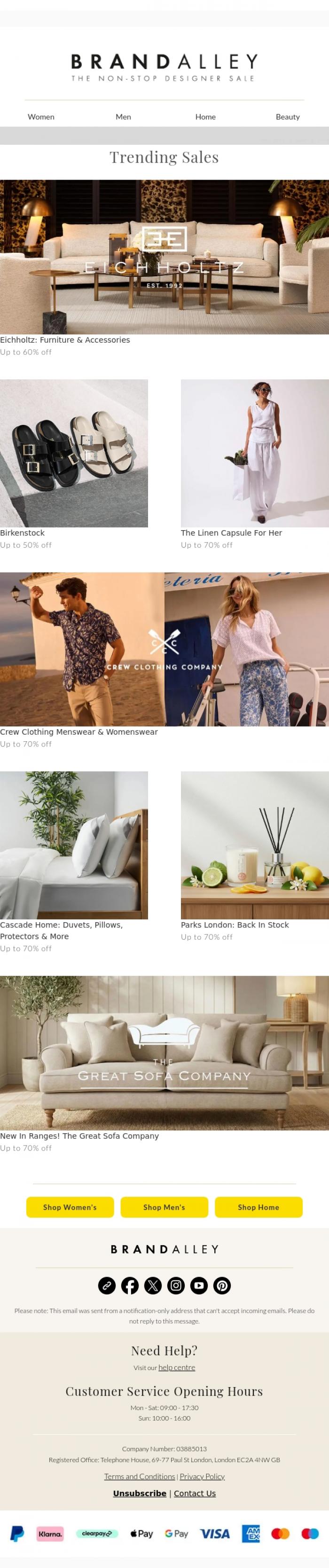 Email Design Inspiration from BrandAlley, Up to 70% off Crew Clothing, Birkenstock, Cascade Home & more