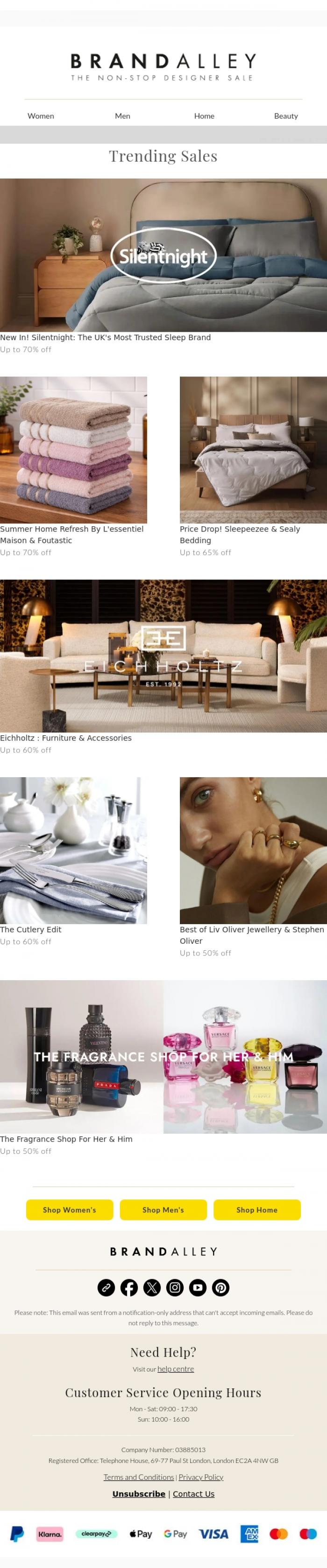 Email Design Inspiration from BrandAlley, Up to 70% off Silentnight, Liv Oliver, L'Essentiel Maison & more