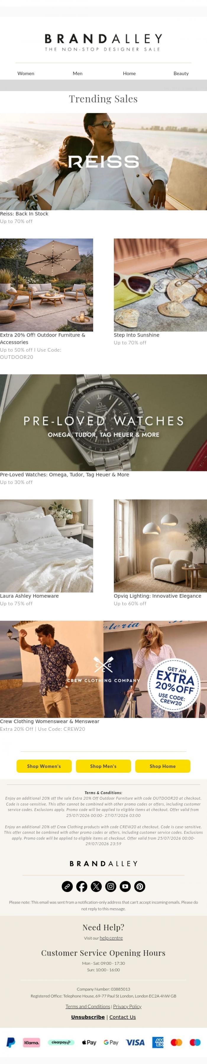 Email Design Inspiration from BrandAlley, Reiss Back In Stock, Up to 70% Off I Extra 20% Off Outdoor