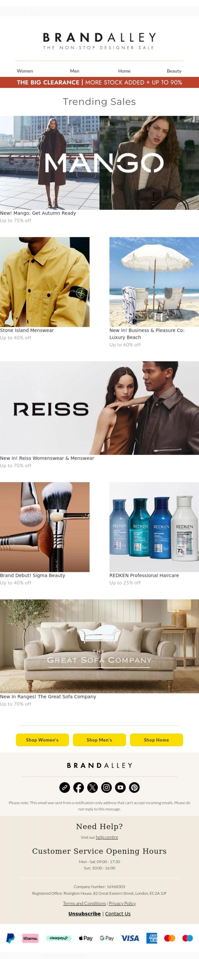 Email Design Inspiration from BrandAlley, Up to 75% off Brands incl. Mango, Reiss, Stone Island & more