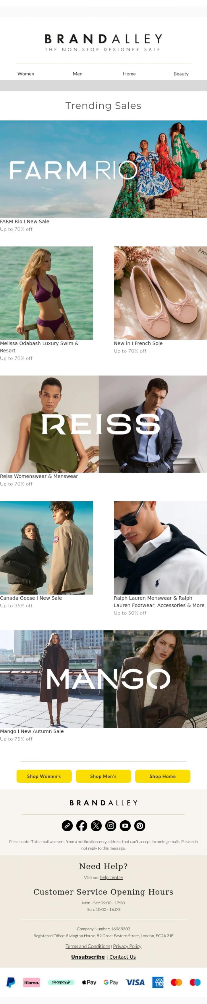 Email Design Inspiration from BrandAlley, Brand Debut FARM Rio. Up To 70% Off