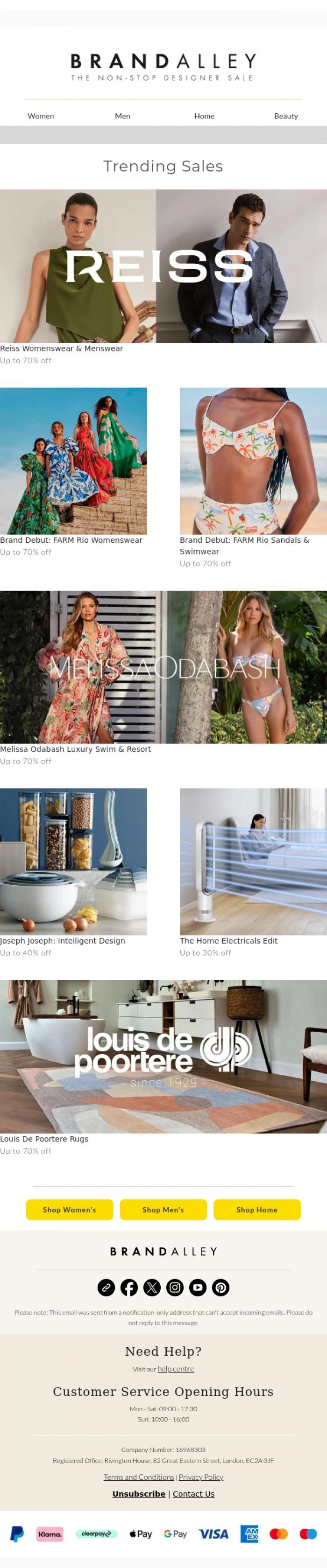 Email Design Inspiration from BrandAlley, Up to 70% off Brands incl. Reiss, FARM Rio, Melissa Odabash & more