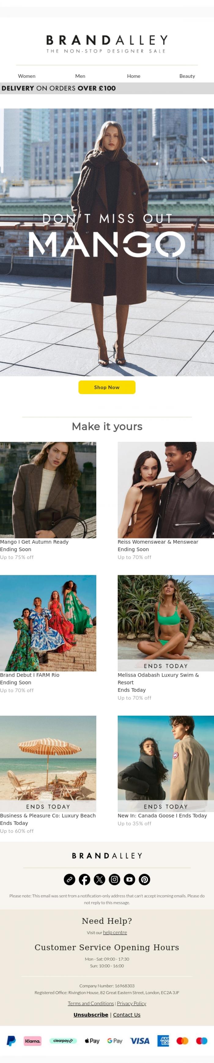 Email Design Inspiration from BrandAlley, Ending Today | Up to 70% off Reiss, Mango and more