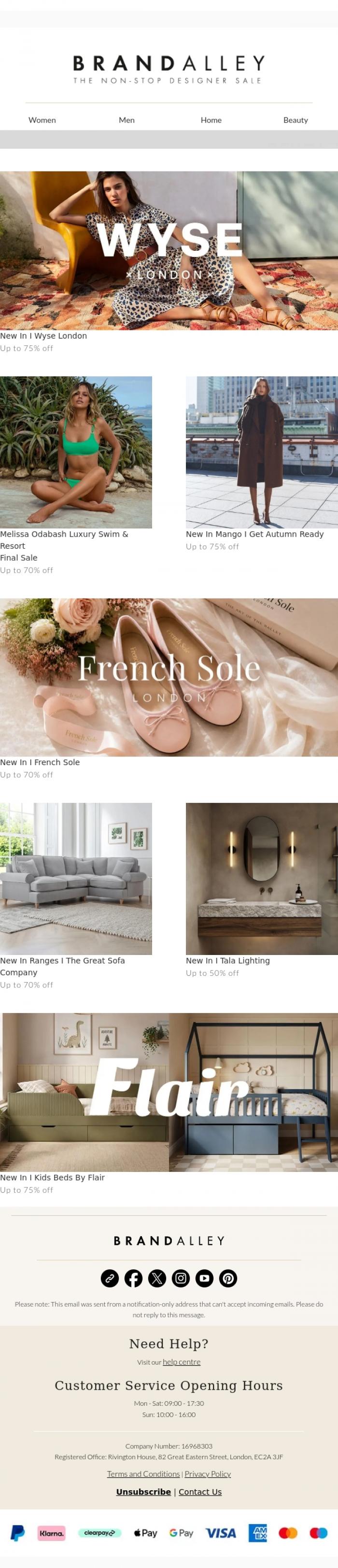 Email Design Inspiration from BrandAlley, New In: Up To 75% Off Wyse London, French Sole & Tala Lighting