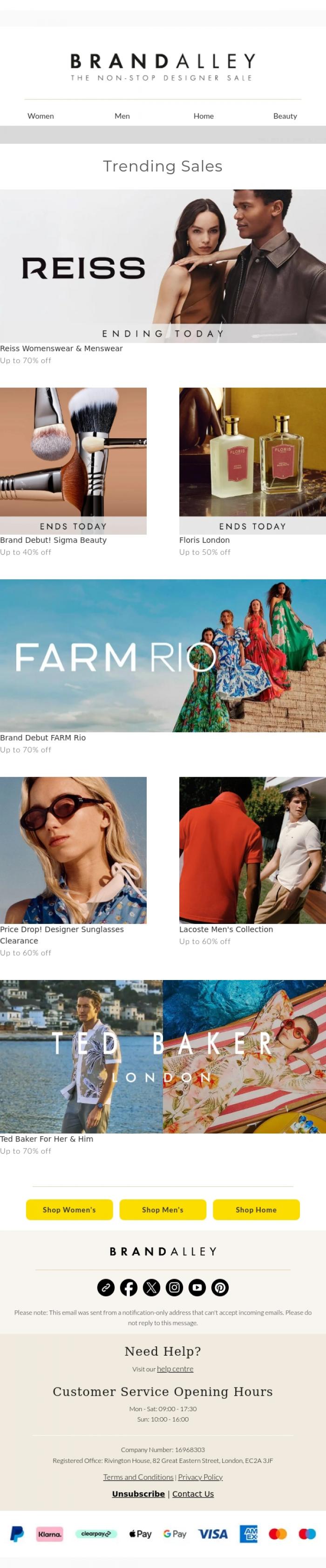 Email Design Inspiration from BrandAlley, Up to 70% off Brands incl. Reiss, Farm Rio, Ted Baker & more