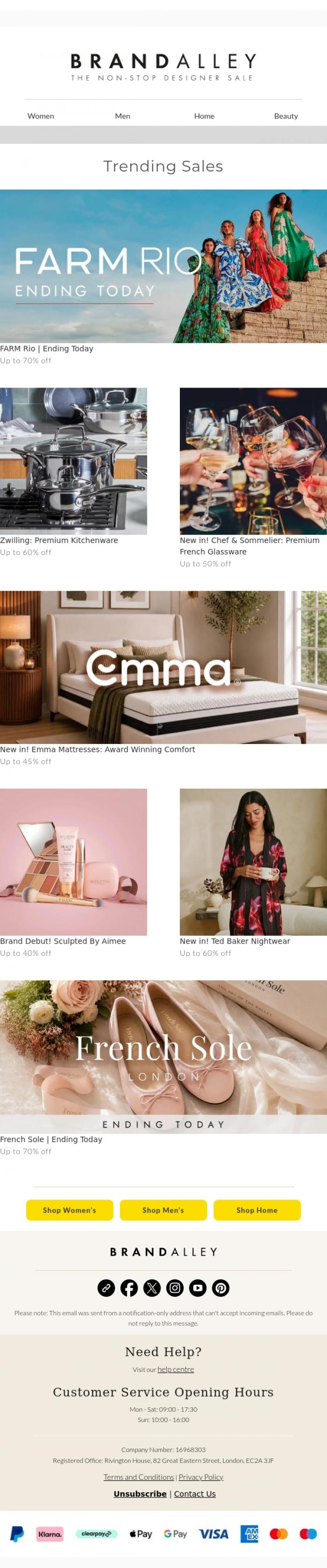Email Design Inspiration from BrandAlley, Final day Farm Rio | Up to 70% off Ted Baker, Zwilling & more