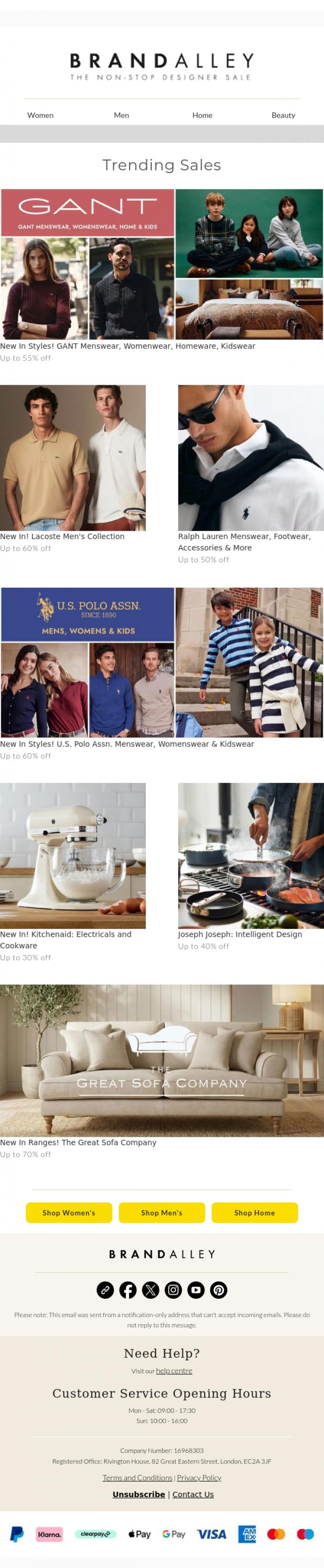 Email Design Inspiration from BrandAlley, Up to 70% off Brands incl. GANT, Ralph Lauren, Lacoste & more