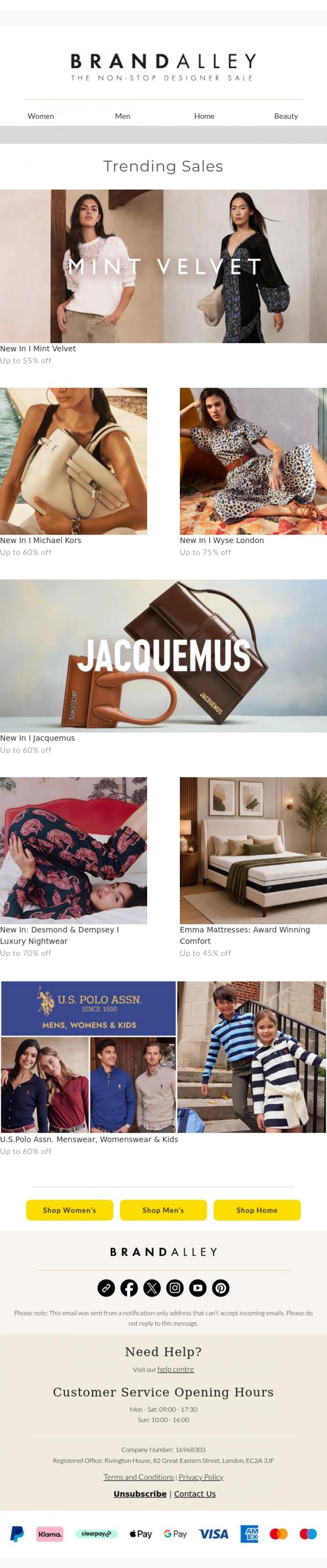 Email Design Inspiration from BrandAlley, New In: Mint Velvet, Up To 55% Off