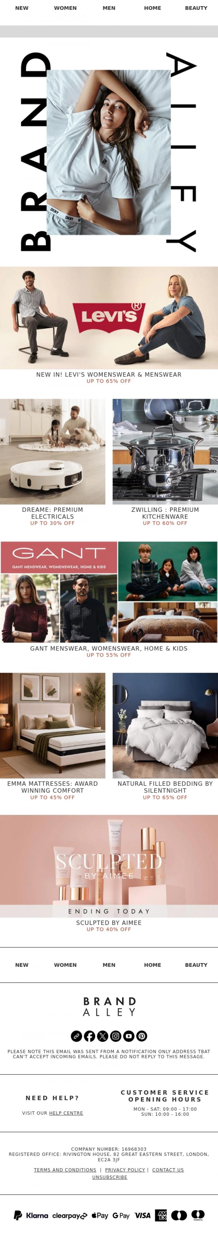 Email Design Inspiration from BrandAlley, Up to 65% off Brands incl. Levi's, Emma Mattresses & Silentnight