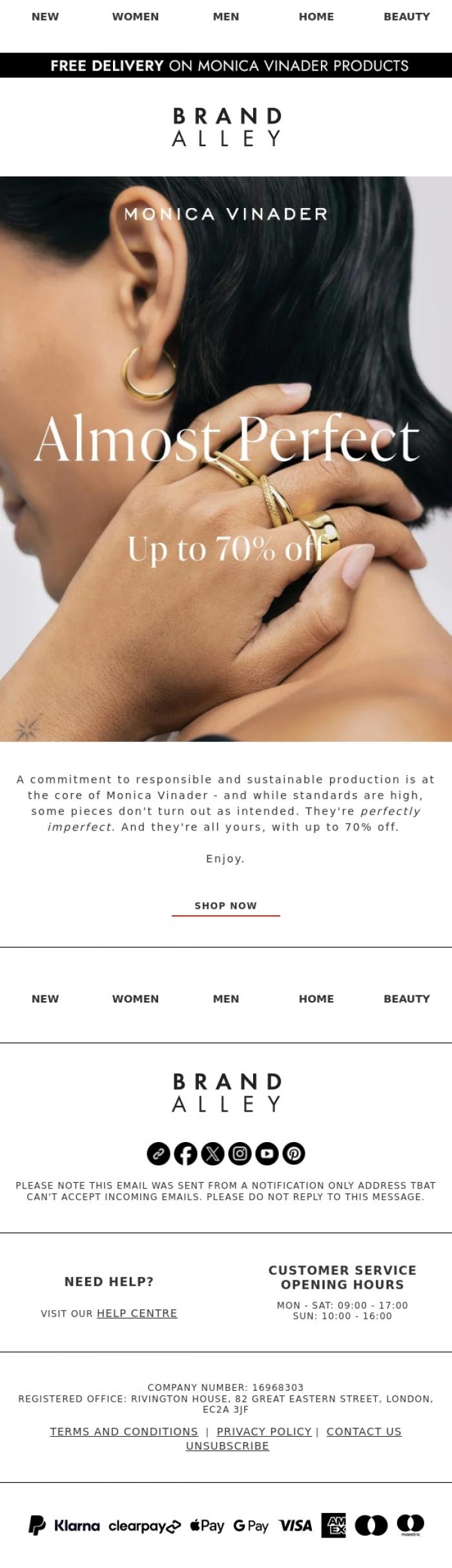 Email Design Inspiration from BrandAlley, Monica Vinader | Up to 70% off