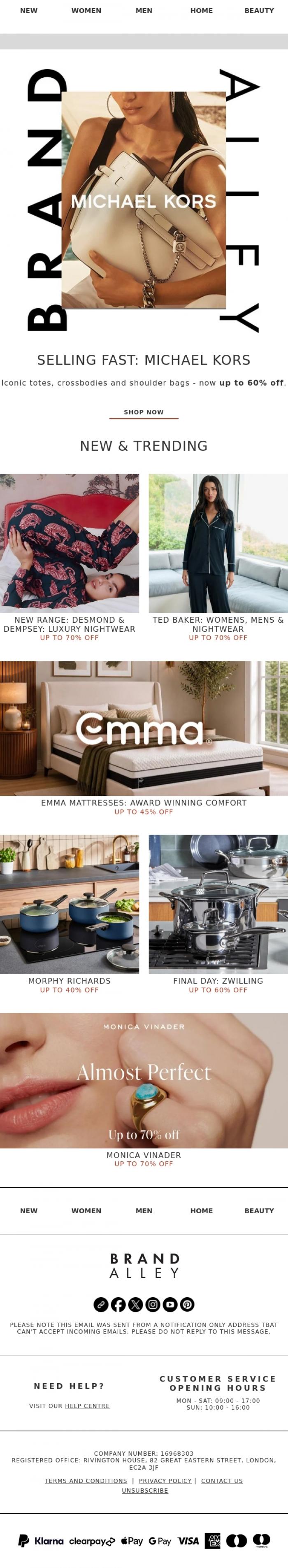Email Design Inspiration from BrandAlley, Up to 70% off | Monica Vinader, Michael Kors & Emma