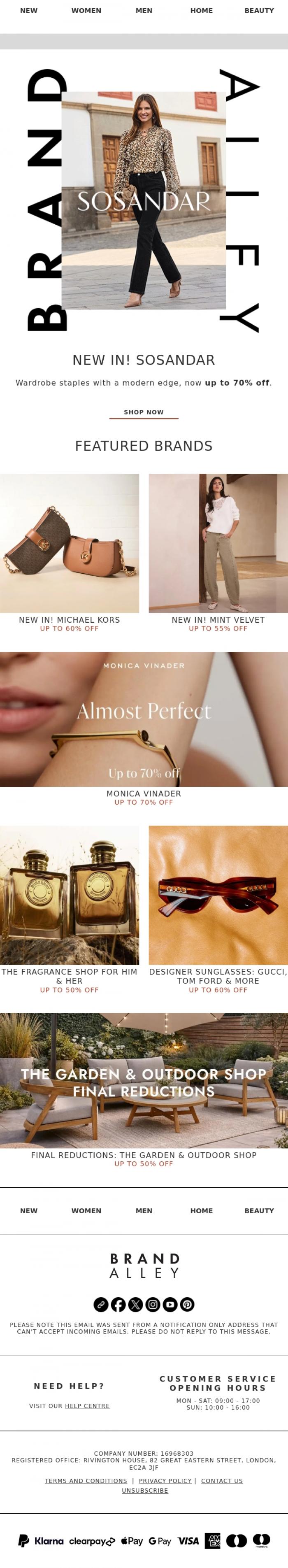 Email Design Inspiration from BrandAlley, Up to 70% off | Sosander, Mint Velvet, Michael Kors & more