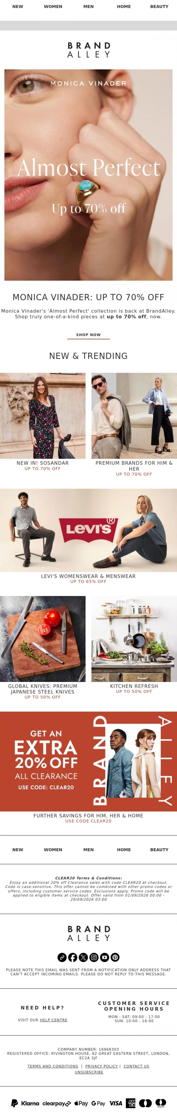 Email Design Inspiration from BrandAlley, Up to 70% off | Monica Vinader, Global Knives, Levi's & more