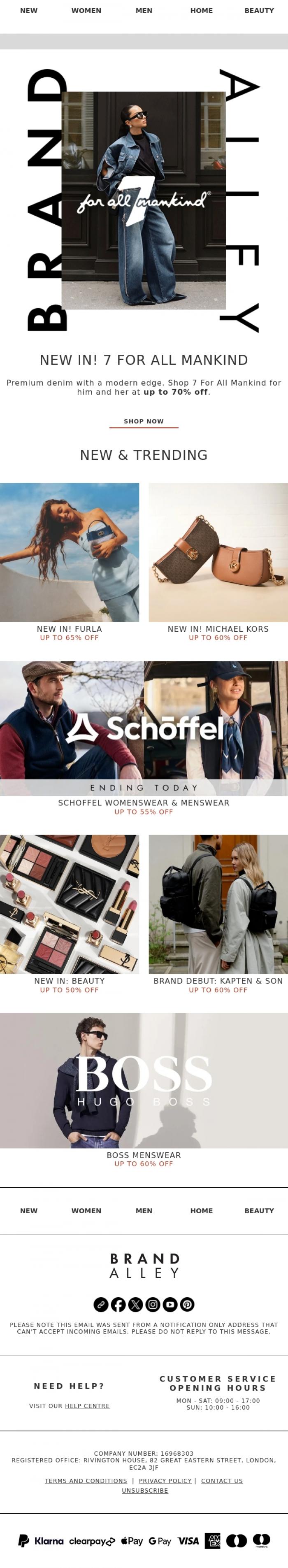 Email Design Inspiration from BrandAlley, New in: Furla & 7 For All Mankind | Up to 70% off
