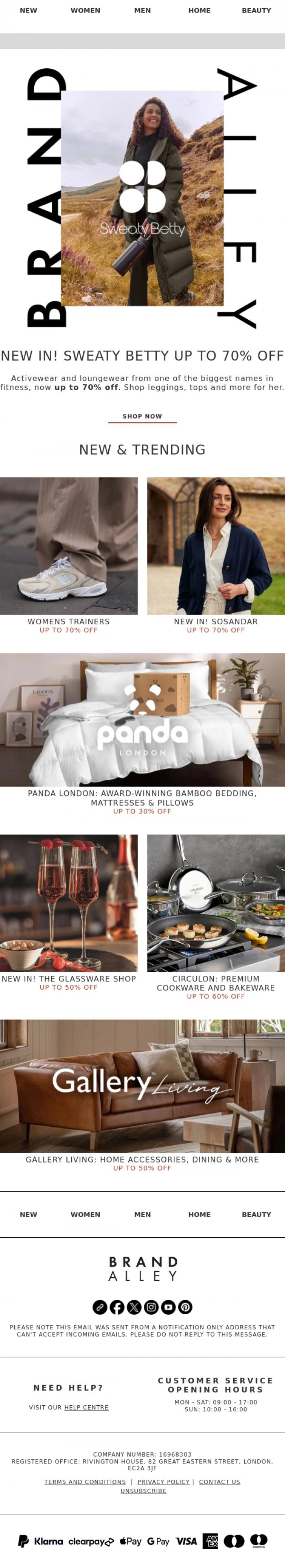 Email Design Inspiration from BrandAlley, New in: Sweaty Betty up to 70% off | Sosandar & more