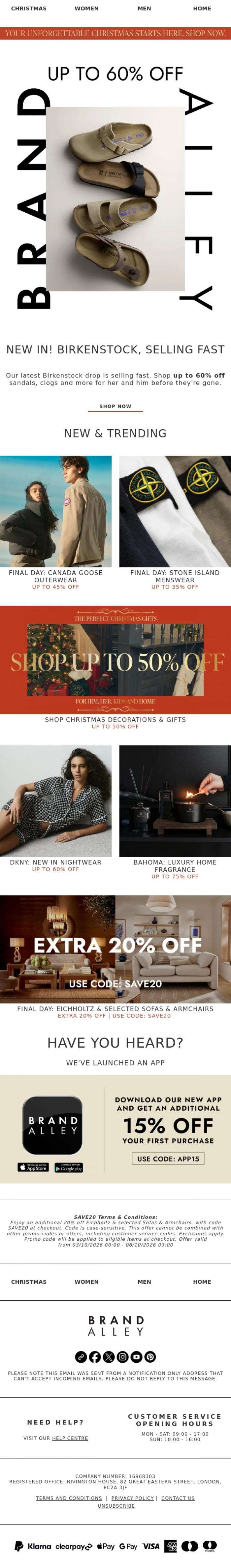 Email Design Inspiration from BrandAlley, Up to 75% off | Birkenstock, Canada Goose, Stone Island & more