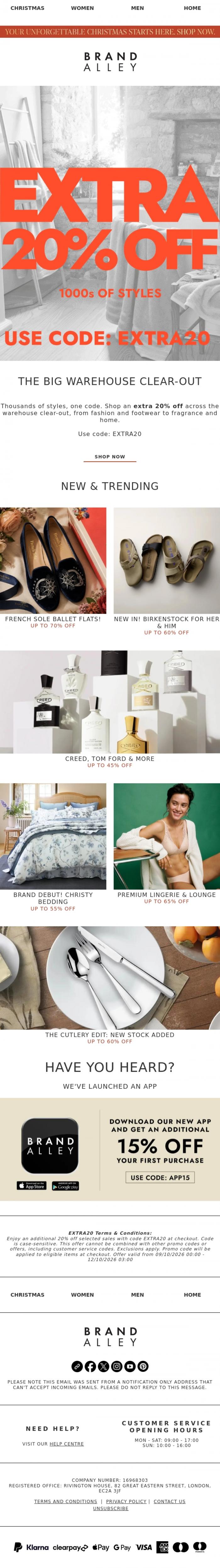 Email Design Inspiration from BrandAlley, Up to 70% off Birkenstock, Creed, Tom Ford, Christy Bedding & more