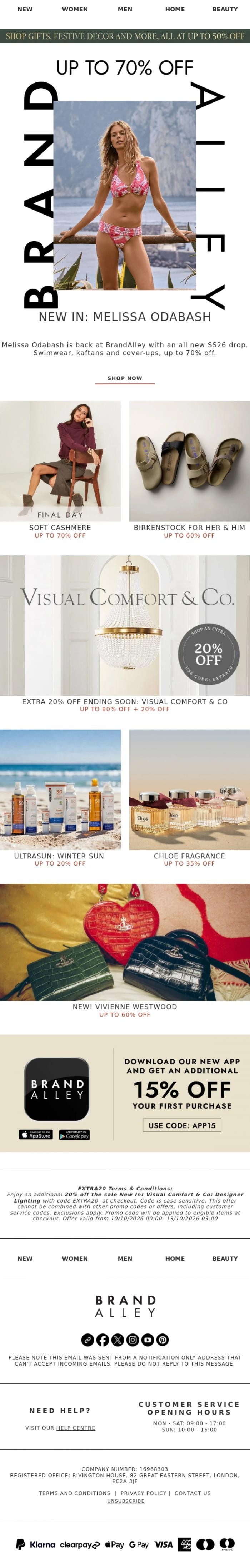 Email Design Inspiration from BrandAlley, Up to 70% off Melissa Odabash, Birkenstock, Chloe Fragrance, Vivienne Westwood