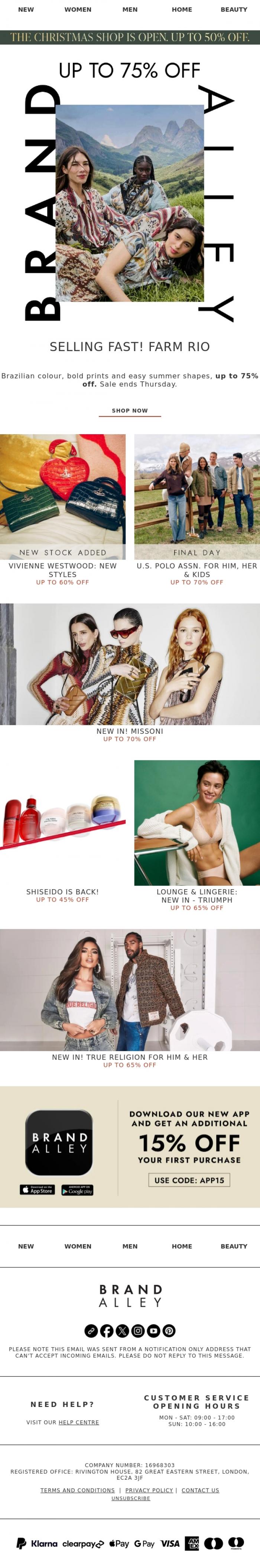 Email Design Inspiration from BrandAlley, Selling Fast: FARM Rio | Shiseido, Missoni, True Religion, Triumph